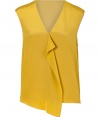 Paint color into your feminine look with Tibis bright mustard silk top - V-neckline, sleeveless, ruffled front, pull-over style - Softly draped fit - Wear with tailored separates and sleek carryall totes for work