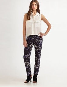 Luxe animal-print on airy chiffon in a tapered pull-on style.Elastic waistbandFlat frontSlash pocketsTapered legBack welt pocketsRise, about 8½Inseam, about 31TencelDry cleanMade in USAModel shown is 5'9 (175cm) wearing US size Small. Luxe animal-print on airy chiffon in a tapered pull-on style.Elastic waistbandFlat frontSlash pocketsTapered legBack welt pocketsRise, about 8½Inseam, about 31TencelDry cleanMade in USAModel shown is 5'9 (175cm) wearing US size Small.