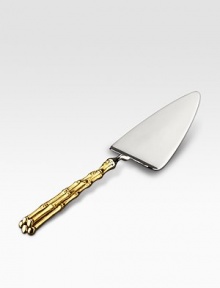 Bamboo-inspired handles are hand gilded with 24k gold for a unique serving piece. 21 long Nickelplated Lightly hammered Gift box with felt bag Imported Bamboo-inspired handles are hand gilded with 24k gold for a unique serving piece. 21 long Nickelplated Lightly hammered Gift box with felt bag Imported