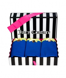 Packaged in a sweet striped box, Juicy Coutures set of 3 undies are as comfy as they are chic - Set of 3 royal blue cotton stretch boyshorts with lemon lace trim, gold-toned logo engraved heart charm, comes in a gift box - The perfect stocking stuffer for your favorite girl Packaged in a sweet striped box, Juicy Coutures set of 3 undies are as comfy as they are chic - Set of 3 royal blue cotton stretch boyshorts with lemon lace trim, gold-toned logo engraved heart charm, comes in a gift box - The perfect stocking stuffer for your favorite girl