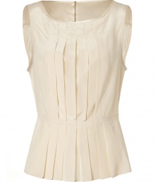 Chic sleeveless top in fine, pure cream silk - Feminine, fitted silhouette tapers gently through middle - On-trend, gathered peplum waist - Round neck and snap closure at back - Decorative pleated front - Effortlessly elegant, seamlessly transitions from day to evening - Pair with pencil skirts, skinny jeans and cropped trousers