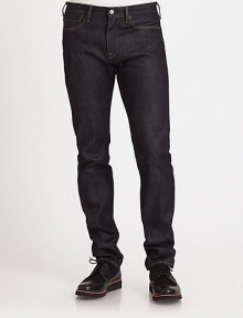 Dark-wash denim designed with five-pocket styling and an ultra-slim fit. Point collarButton frontSingle front patch pocketLong sleevesInseam, about 34CottonMachine washImported Dark-wash denim designed with five-pocket styling and an ultra-slim fit. Point collarButton frontSingle front patch pocketLong sleevesInseam, about 34CottonMachine washImported