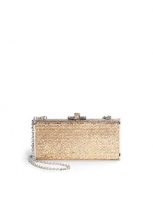 THE LOOKRemovable shoulder chainRectangular shapeEncrusted with tiny Austrian crystalsSlide-lock clasp closureInside logo detailTHE MEASUREMENTShoulder chain, 9½ drop6W X 2¾H X 1½DTHE MATERIALAustrian crystalsMetal boxMetallic leather liningORIGINImported