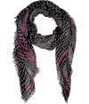 With a cool croco print and bright magenta border, Marc by Marc Jacobs fringed scarf lends a fun urban edge to any outfit - Drawn logo plaque and logo at corner, frayed edges - Wrap around leather jackets or wear indoors over bright knit cashmere