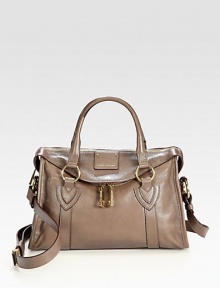 An impeccably-structured silhouette of lustrous goatskin, crafted with contrast stitching and dual straps for versatility.Double top handles, 4 dropShoulder strap, 19 drop Top zip closureOne outside zip pocketProtective metal feetOne inside zip pocketOne inside open pocketCotton lining12½W X 8H X 3½DMade in Italy An impeccably-structured silhouette of lustrous goatskin, crafted with contrast stitching and dual straps for versatility.Double top handles, 4 dropShoulder strap, 19 drop Top zip closureOne outside zip pocketProtective metal feetOne inside zip pocketOne inside open pocketCotton lining12½W X 8H X 3½DMade in Italy