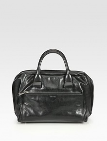 A luxurious leather style in a simply chic top handle design.Double top handles, 4½ dropTop zip closureOne outside zip pocketOne inside zip pocketTwo inside open pocketsLeather lining14W X 7½H X 7½DMade in Italy A luxurious leather style in a simply chic top handle design.Double top handles, 4½ dropTop zip closureOne outside zip pocketOne inside zip pocketTwo inside open pocketsLeather lining14W X 7½H X 7½DMade in Italy