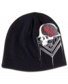 Top of your head and stay warm in this eccentric graphic front beanie by Metal Mulisha.