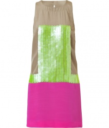 Up the ante on classic colorblocking with Tibis elegant, eye-catching silk dress - Two-tone sleeveless shift style in sand and magenta - Bold, oversize acid green sequin embellishment - Mini cut hits above the knee - Delicate snap closure and key hole detail at back - Perfect for parties, cocktails and summer evenings out - Pair with sandals or platform pumps and style with a clutch Up the ante on classic colorblocking with Tibis elegant, eye-catching silk dress - Two-tone sleeveless shift style in sand and magenta - Bold, oversize acid green sequin embellishment - Mini cut hits above the knee - Delicate snap closure and key hole detail at back - Perfect for parties, cocktails and summer evenings out - Pair with sandals or platform pumps and style with a clutch