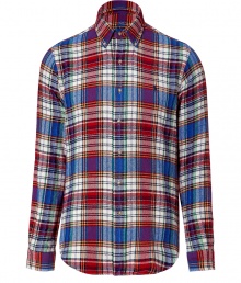 Classic red and blue ski plaids custom fit shirt -This slim tailored shirt is a great modern take on the classic dress shirt - On-trend plaid pattern with small polo logo on chest - Pair with slim trousers, a blazer, and motorcycle boots for grunge-meets-preppy - Try with jeans and a chunky wool cardigan