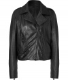 Favorite biker styling gets a sleek, luxe redux in Faith Connexions super soft black lambskin jacket, guaranteed to give your look a refined finish - Notched collar, long sleeves, zippered cuffs, asymmetrical zippered front, zippered slit pockets, buttoned epaulettes, quilted elbow and shoulder patches, cropped silhouette, fitted - Pair with favorite skinnies and platform pumps