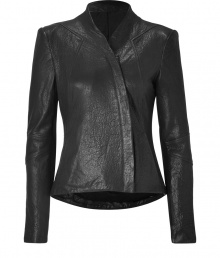 With its edgy textural lambskin, Helmut Langs soft black leather jacket radiates the brands modern-minimalist aesthetic with an ultra luxe edge - Short stand-up collar, long sleeves, off-center front zip, longer back hemline, fitted - Pair with leather leggings and studded ankle boots for a rocker-chic finish, or amp up tailored business looks with a pencil skirt and platform pumps With its edgy textural lambskin, Helmut Langs soft black leather jacket radiates the brands modern-minimalist aesthetic with an ultra luxe edge - Short stand-up collar, long sleeves, off-center front zip, longer back hemline, fitted - Pair with leather leggings and studded ankle boots for a rocker-chic finish, or amp up tailored business looks with a pencil skirt and platform pumps