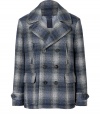 Dress up your outerwear with an iconic luxe edge in Burberry Brits ultra cool allover checked pea coat - Notched collar, long sleeves, buttoned tabbed cuffs, double-breasted button-down front, slit and flap pockets, back vent - Slim tailored fit - Wear with solid pullovers and contemporary slim-cut trousers