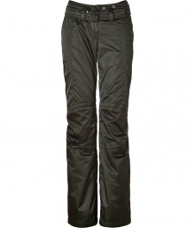 Stay stylish from the lodge to the slopes in these ultra-luxe shimmering ski pants from Jet Set - Zip fly, zippered back pockets, adjustable belt at front with elasticized waistline in back, zippered ankles, layered lining from knee to ankle with elasticized cuff and silicone band for hold - Slim, flared silhouette - Style with a figure-hugging cashmere pullover, shearling boots, and a sleek parka