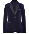 Luxurious blazer in fine, dark blue velvet adds instant elegance to any outfit - Designed in a tuxedo look with black contrasting lapels, welt pockets, and single button front - Slim cut with a feminine waist and sleeves - Looks great with a cocktail dress or silk top with skinny jeans and platform heels