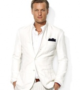 Tailored in Italy from a luxuriously lightweight cotton-linen blend, a modern three-button sport coat is emboldened with country embroidery for authentic style and time-honored tradition.