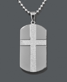 A unique way to express your faith. This stylish men's necklace features a dog tag design accented by a textured cross and strung on a matching bead chain. Crafted in stainless steel. Approximate length: 24 inches. Approximate drop width: 1 inch. Approximate drop length: 1-3/4 inches. A unique way to express your faith. This stylish men's necklace features a dog tag design accented by a textured cross and strung on a matching bead chain. Crafted in stainless steel. Approximate length: 24 inches. Approximate drop width: 1 inch. Approximate drop length: 1-3/4 inches.