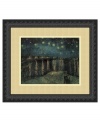 Quintessential Van Gogh, Starlight Over the Rhone is the artist's evening view of Arles, France. Rich blues are punctuated with golden stars and lights framing the riverbank. An antique black frame complements dark corners of the night sky.