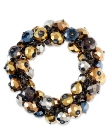 Colorful clusters. This elegant stretch bracelet from c.A.K.e. by Ali Khan features a cluster of multi-color glass rondelles on a stretch cord. Crafted in mixed metal, it stretches to fit wrist. Approximate diameter: 2 inches. Colorful clusters. This elegant stretch bracelet from c.A.K.e. by Ali Khan features a cluster of multi-color glass rondelles on a stretch cord. Crafted in mixed metal, it stretches to fit wrist. Approximate diameter: 2 inches.
