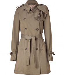 An ultra feminine take on the classic trench, Valentino R.E.D.s bow detailed version is a statement way to wear this essential style - Latched spread collar, long sleeves with tied sash at cuffs, oversized bow at shoulder, buttoned epaulettes, double-breasted button-down front, self-tie sash, buttoned kick-pleat, button-in faux-shearling lining - Tailored at the waist with a self-tie sash - Team with slim-fitting separates and chic leather accessories An ultra feminine take on the classic trench, Valentino R.E.D.s bow detailed version is a statement way to wear this essential style - Latched spread collar, long sleeves with tied sash at cuffs, oversized bow at shoulder, buttoned epaulettes, double-breasted button-down front, self-tie sash, buttoned kick-pleat, button-in faux-shearling lining - Tailored at the waist with a self-tie sash - Team with slim-fitting separates and chic leather accessories