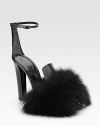 Glossy patent leather style with a luxe fox-fur toe detail, secured by an ankle strap. Self-covered heel, 4¼ (110mm) Patent leather upper Fox-fur toe detail Leather lining and sole Padded insole Imported