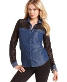 Sheer lace ups the sultry factor of a classic denim shirt on this GUESS style -- pair it with sleek black skinny jeans to complete the look!