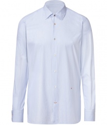 Elegant dress shirt in fine, pure cotton - Elegant pale blue pin stripe - Classic button down style with small collar and long, cuffed sleeves - Modern silhouette is lean and streamlined - Discreet red logo embroidery detail - A polished classic in any wardrobe ideal for both work and play - Dress up with a suit, or go for a more casual look with slim denim and a blazer or leather jacket Elegant dress shirt in fine, pure cotton - Elegant pale blue pin stripe - Classic button down style with small collar and long, cuffed sleeves - Modern silhouette is lean and streamlined - Discreet red logo embroidery detail - A polished classic in any wardrobe ideal for both work and play - Dress up with a suit, or go for a more casual look with slim denim and a blazer or leather jacket