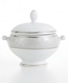 Clean, cool and marked by an understated elegance, this sugar bowl features a soft gray border embellished by an intricate scroll design to gracefully sweeten any occasion. From Mikasa's dinnerware and dishes collection.