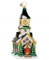 With doors wide open, this traditional hand-painted church ornament is utterly welcoming, featuring festive hues, gold glitter and a pair of decorated Christmas trees. From Christopher Radko.