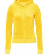 Kick-start your new season off-duty look with Juicy Coutures eye-catching yellow velour hoodie - Hooded, front zip closure, long sleeves, split kangaroo pocket - Slim fit - Pair with matching pants, favorite jeans, or mini-skirts