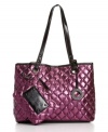 Quilting enters the gilded age with this shiny tote from Nine West available in hot glossy colors or a floral print. Comes with a matching detachable cosmetic case that tucks inside.