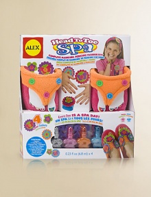 A complete pedicure and slipper decorating kit is the perfect addition to a slumber party. For her pedicure: 3 bottles of kid-friendly nail polish (.23fl oz), 2 toe separators, over 100 nail stickers and a nail file. Decorate a pair of slippers with precut felt shapes that slip on over buttons. Small slipper fits most kids ages 6-8; large fits most kids ages 8-10 Suitable for ages 6 and up Overall, 7½W X 12H X 2½D Imported A complete pedicure and slipper decorating kit is the perfect addition to a slumber party. For her pedicure: 3 bottles of kid-friendly nail polish (.23fl oz), 2 toe separators, over 100 nail stickers and a nail file. Decorate a pair of slippers with precut felt shapes that slip on over buttons. Small slipper fits most kids ages 6-8; large fits most kids ages 8-10 Suitable for ages 6 and up Overall, 7½W X 12H X 2½D Imported