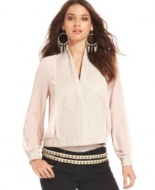In soft pastels with contrast fabrics, this Bar III wrap-style jacket is a hot summer coverup! In soft pastels with contrast fabrics, this Bar III wrap-style jacket is a hot summer coverup!