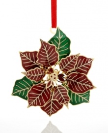 The pick of the holidays, this poinsettia ornament from ChemArt adds timeless elegance to every tree, with rich burgundy petals edged in shimmering gold.