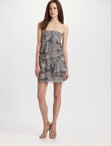 Exotic printed silk georgette in light-as-air layers for a flirty ruffled design.Strapless Concealed back zip Fully lined About 18 from natural waist Silk Dry clean Imported Exotic printed silk georgette in light-as-air layers for a flirty ruffled design.Strapless Concealed back zip Fully lined About 18 from natural waist Silk Dry clean Imported