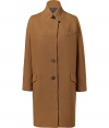 Elegant tweed coat of a fine, caramel-colored lamb wool mix - Silhouette is long and straight - Features darts, decorative collar, reduced placket and flap pockets - Gorgeous all-around coat works with everything from jeans to cocktail dresses