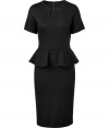 Get of-the-moment style in this ultra-chic peplum dress from Jil Sander - Round neck with pleating, short sleeves, peplum detail at waist, pencil skirt, fitted silhouette, concealed back zip closure - Pair with peep-toe platforms and a statement satchel