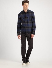 Workman's inspiration with city style in rugged yet soft cotton flannel with a concealed placket and two chest pockets. Concealed buttonfrontChest flap pocketsCottonMachine washImported Workman's inspiration with city style in rugged yet soft cotton flannel with a concealed placket and two chest pockets. Concealed buttonfrontChest flap pocketsCottonMachine washImported