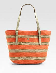 A packable style in a lovely woven design with metallic leather trim.Double leather top handles, 10 dropTop zip closureProtective metal feetOne outside open pocketOne inside zip pocketTwo inside open pocketsPlastic/polyesterCotton lining12W X 10H X 6DImported A packable style in a lovely woven design with metallic leather trim.Double leather top handles, 10 dropTop zip closureProtective metal feetOne outside open pocketOne inside zip pocketTwo inside open pocketsPlastic/polyesterCotton lining12W X 10H X 6DImported