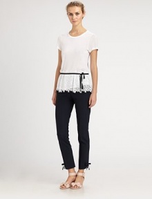 Italian wool pants with a touch of stretch, enhanced by timeless bow-adorned cuffs. Tab closureZip flyFront slash pocketsBow-adorned cuffsSingle back besom pocketFully linedInseam, about 29Virgin wool/elastaneDry cleanMade in Italy of imported fabricSIZE & FITModel shown is 5'10 (177cm) wearing US size 4. Italian wool pants with a touch of stretch, enhanced by timeless bow-adorned cuffs. Tab closureZip flyFront slash pocketsBow-adorned cuffsSingle back besom pocketFully linedInseam, about 29Virgin wool/elastaneDry cleanMade in Italy of imported fabricSIZE & FITModel shown is 5'10 (177cm) wearing US size 4.