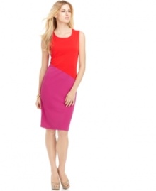 Bold, colorblocked hues add extra oomph to this petite sheath by Jones New York. Pair with nude heels for an office-ready ensemble that works overtime after hours.