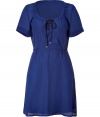 Stylish dress in fine, pure blue silk - Soft, lightweight fabric drapes beautifully - Elegant gathered collar and waist - Short, cuffed sleeves and round neckline with decorative ribbon tie - Slim, ultra-feminine silhouette - On-trend and sheer, with slip lining - Perfect for parties and casual cocktails, seamlessly transitions from day to evening - Pair with a cropped blazer or cardigan and ankle booties