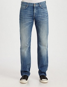 Classic straight-leg jean that is comfortable yet tailored from waist to hip. Hand sanding and whiskering add texture and dimension to this medium blue wash, making it perfect for any summer occasion.Five-pocket styleButton flyInseam, about 34CottonMachine washMade in USA Classic straight-leg jean that is comfortable yet tailored from waist to hip. Hand sanding and whiskering add texture and dimension to this medium blue wash, making it perfect for any summer occasion.Five-pocket styleButton flyInseam, about 34CottonMachine washMade in USA