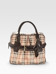 Burberry checks lends an iconic touch to this structured leather silhouette, finished with a front inverted pleat and buckled straps.Double top handles, 6 drop Top zip closure One inside zip pocket Two inside open pockets Cotton lining 14W X 11½H X 7D Imported Burberry checks lends an iconic touch to this structured leather silhouette, finished with a front inverted pleat and buckled straps.Double top handles, 6 drop Top zip closure One inside zip pocket Two inside open pockets Cotton lining 14W X 11½H X 7D Imported