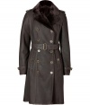 Luxury and warmth come together in this exquisitely chic lamb shearling coat from Burberry Brit - Peaked lapel, long sleeves, belted cuffs, buttoned epaulettes, buttoned pockets, double-breasted button-down front, gun flap, belted waistline, antique brass-toned hardware, rain shield, back vent - Tailored fit - Wear with everything from jeans to tailored dresses