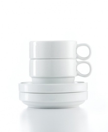 Keep the table and kitchen clean with Stax Living dinnerware. A pure white glaze adorns espresso cups and saucers for everyday use, in shapes designed for efficient stacking and storage. Perfect for small spaces! Keep the table and kitchen clean with Stax Living dinnerware. A pure white glaze adorns espresso cups and saucers for everyday use, in shapes designed for efficient stacking and storage. Perfect for small spaces!