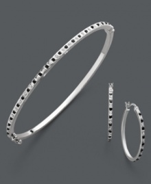 The perfect match. This stunning hoop earrings and bangle set features alternating black and white diamond accents set in sterling silver. Approximate bracelet length: 7 inches. Approximate earring diameter: 1 inch. The perfect match. This stunning hoop earrings and bangle set features alternating black and white diamond accents set in sterling silver. Approximate bracelet length: 7 inches. Approximate earring diameter: 1 inch.