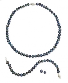 Let your style stand out. This sophisticated matching jewelry set features a necklace, earrings and bracelet with black cultured freshwater pearls (6-7 mm) and sparkling diamond accents. Set in sterling silver. Approximate length (necklace): 18 inches. Approximate length (bracelet): 7-1/2 inches. Approximate diameter (earrings): 1/4 inch.