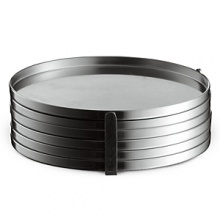 Designed by Arne Jacobsen in 1970 as part of the Cylinda Line, these coasters, with holder, will stylishly protect your table. Made in Denmark. Designed by Arne Jacobsen in 1970 as part of the Cylinda Line, these coasters, with holder, will stylishly protect your table. Made in Denmark.