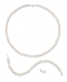 Polish and shine. This sophisticated matching jewelry set features a necklace, earrings and bracelet with cultured freshwater pearls (6-7 mm) and sparkling diamond accents. Set in sterling silver. Approximate length: 18 inches. Approximate bracelet length: 7-1/2 inches. Approximate stud diameter: 1/4 inch.