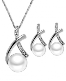 Seal it with a kiss. This matching pendant and earrings set highlights a chic, x-shaped design with cultured freshwater pearls (6-7 mm) and round-cut diamond accents. Set in sterling silver. Approximate length: 18 inches. Approximate drop (pendant): 3/4 inch. Approximate drop (earrings): 3/4 inch. Seal it with a kiss. This matching pendant and earrings set highlights a chic, x-shaped design with cultured freshwater pearls (6-7 mm) and round-cut diamond accents. Set in sterling silver. Approximate length: 18 inches. Approximate drop (pendant): 3/4 inch. Approximate drop (earrings): 3/4 inch.